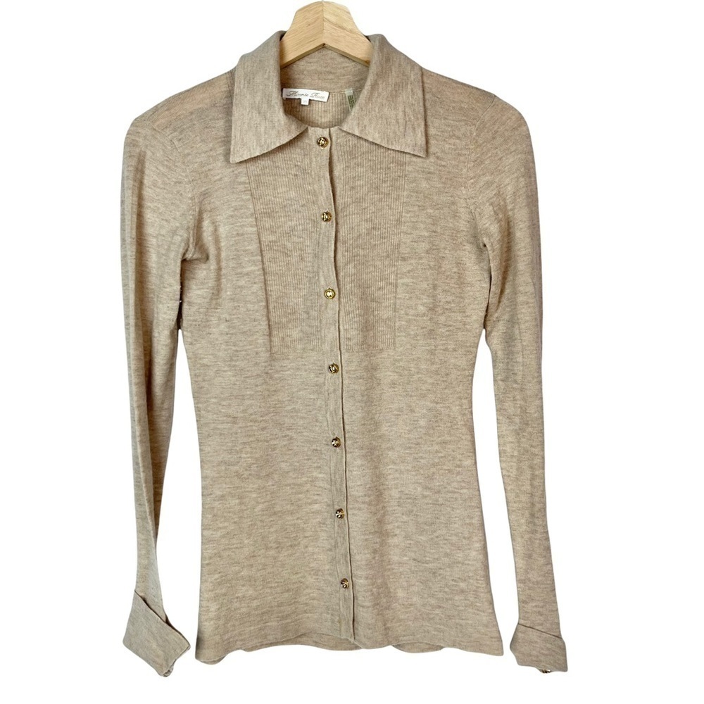 Minnie Rose Light Brown Buttonβ Down Merino Wool Cardigan Sweater XS